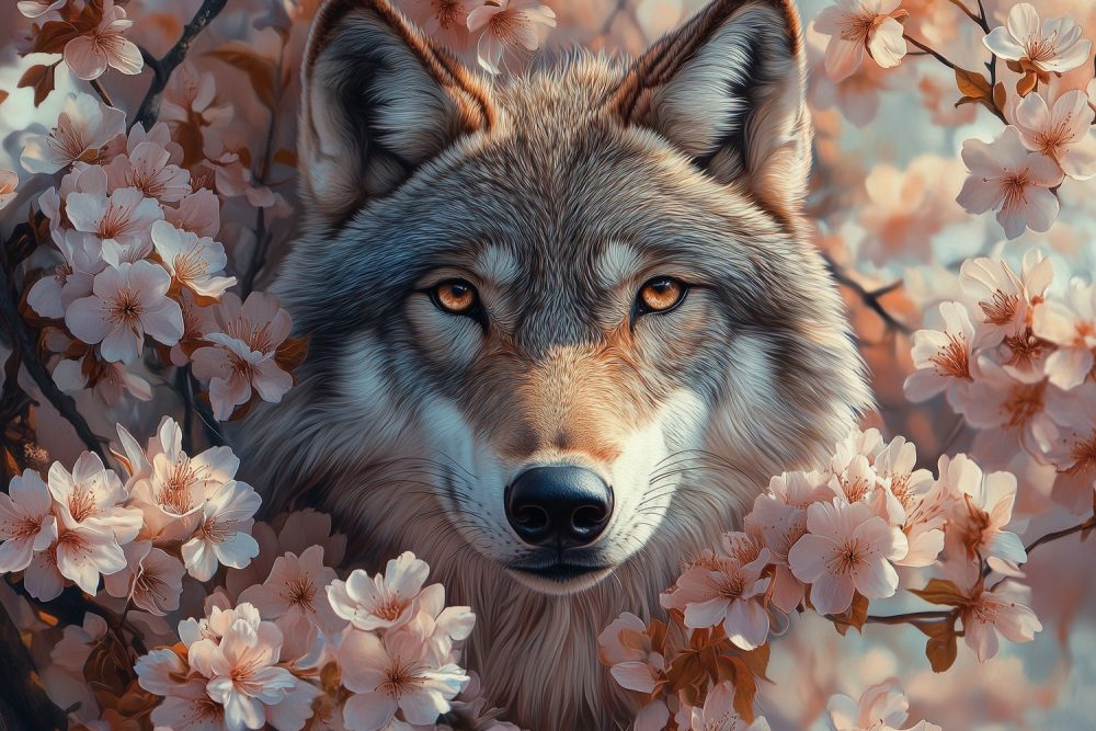 Wolf tussen roze bloemen behang