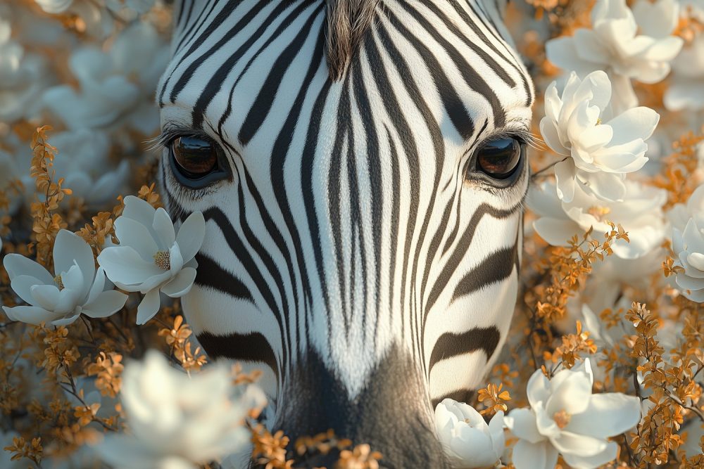 Zebra tussen bloemen behang