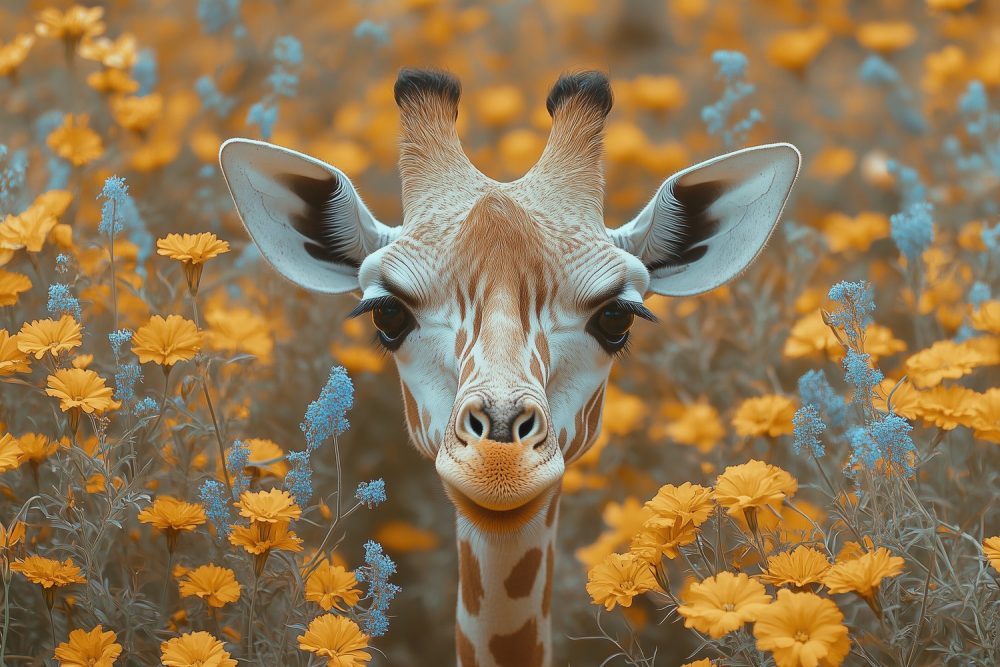 Giraf tussen gele bloemen behang