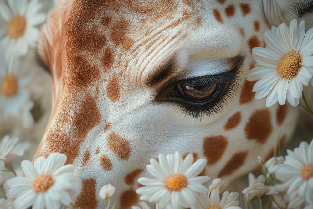 Giraffe tussen witte madeliefjes behang