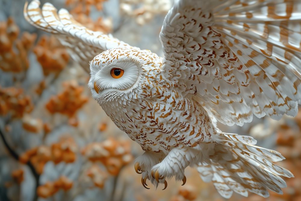 Witte uil in vlucht behang