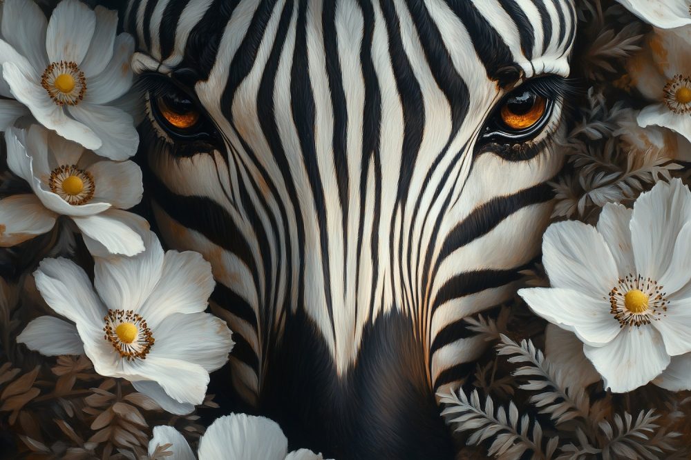 Zebra tussen witte bloemen behang