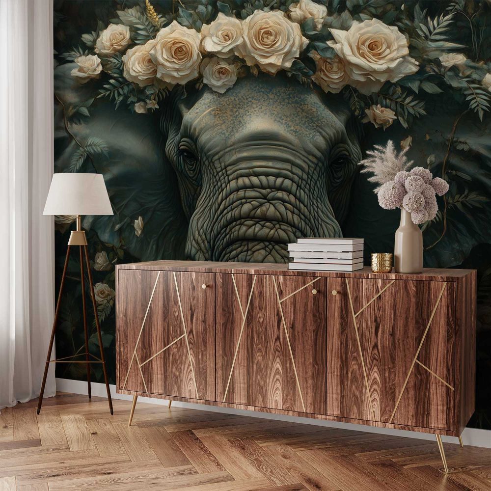 Alternative view of Gekroonde Olifant in Bos behang