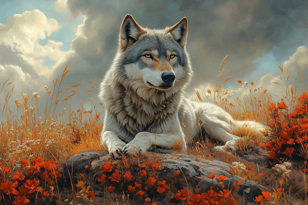 Rustende wolf in bloemenveld behang