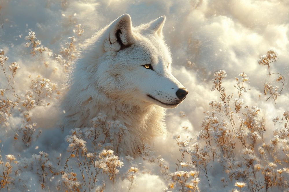 Witte Wolf in Sneeuwbloemen behang