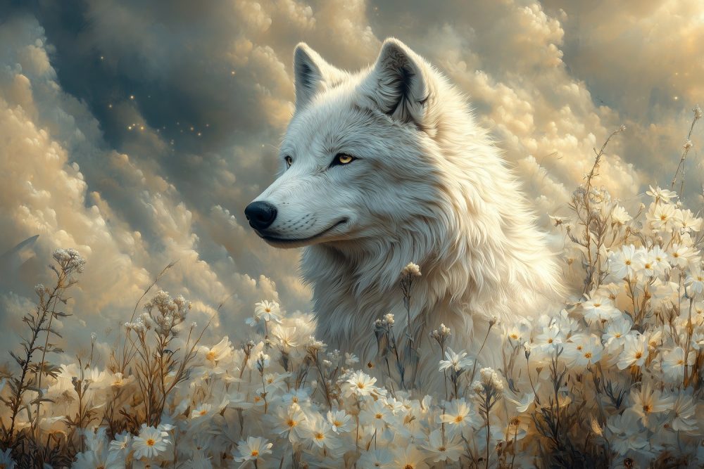 Witte Wolf in Bloemenveld behang