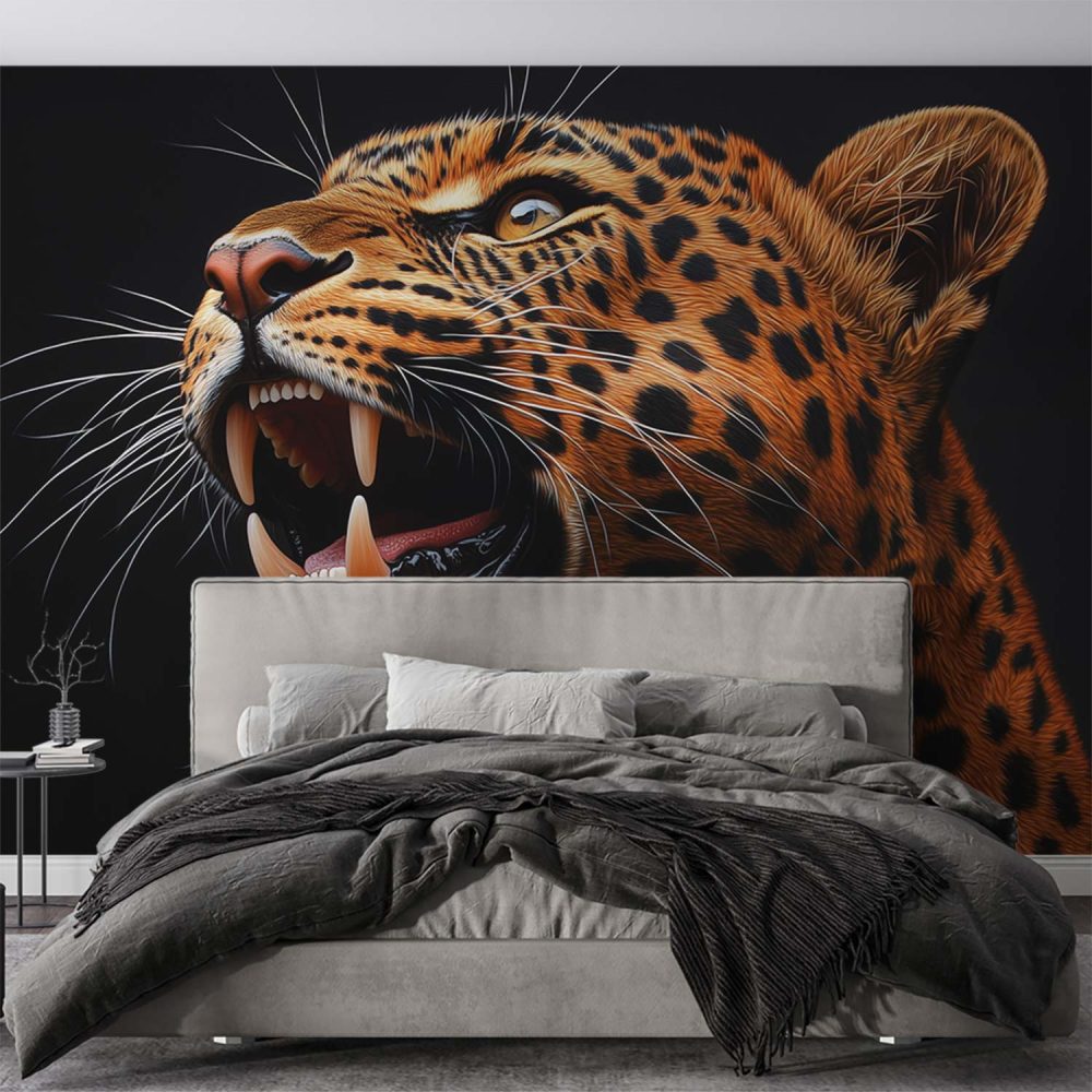 Alternative view of Intense luipaard met open bek behang