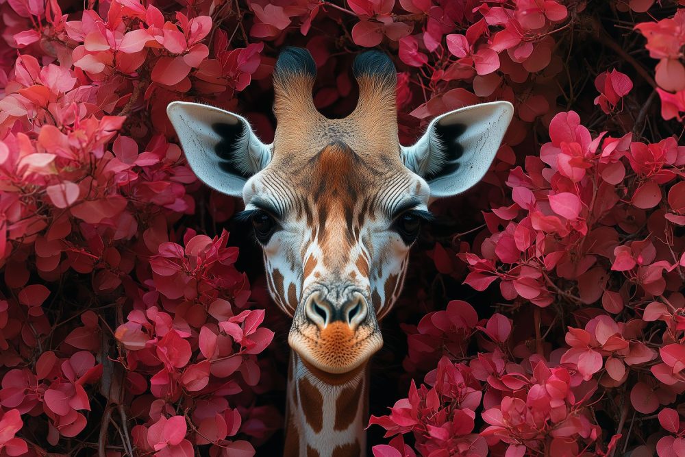 Giraf tussen roze bloemen behang