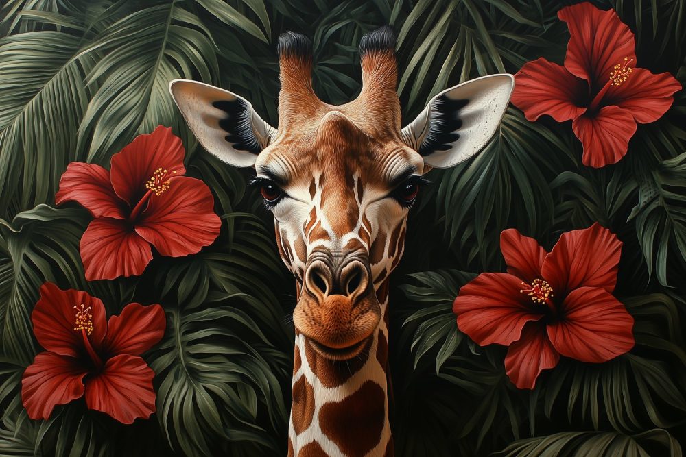 Tropische giraf met rode bloemen behang