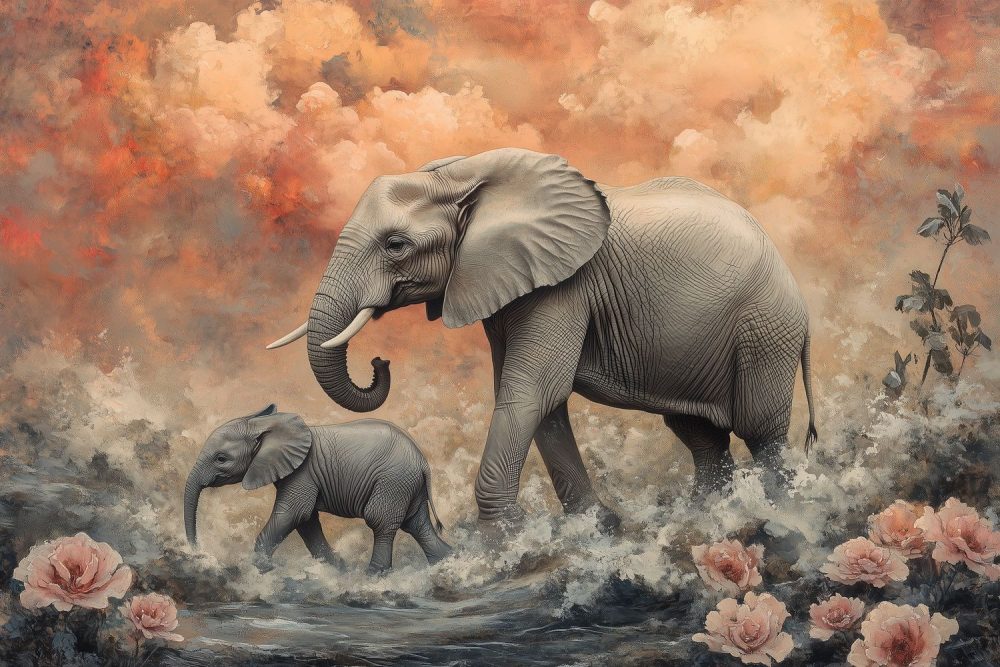 Moeder en baby olifant behang