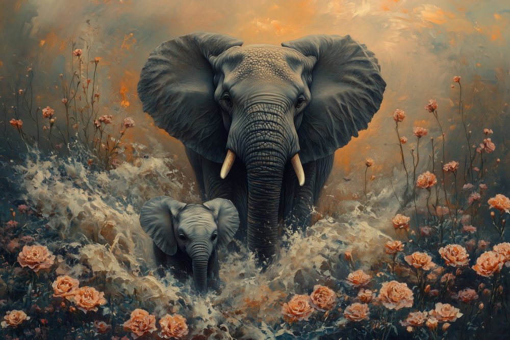 Olifanten in bloemenveld behang