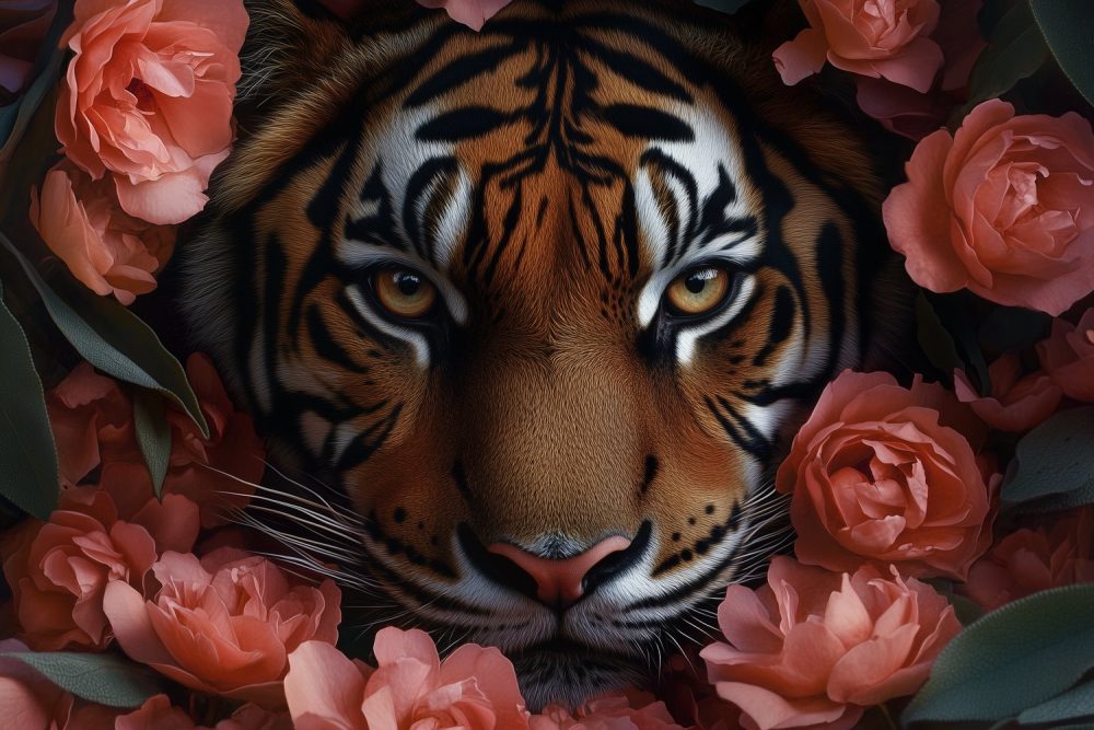 Tijger tussen roze bloemen behang