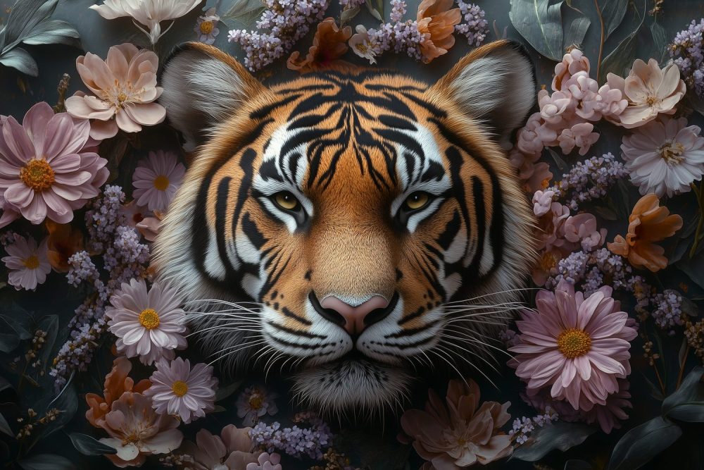 Tijger tussen bloemenpracht behang
