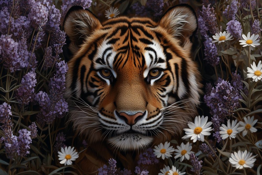 Tijger tussen paarse bloemen behang
