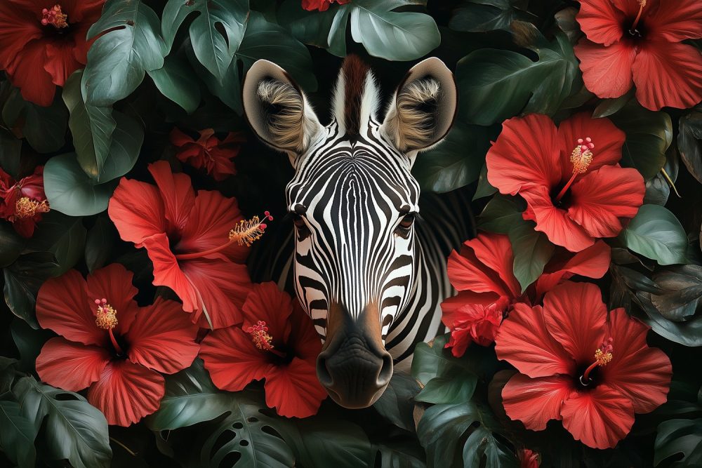 Zebra tussen rode hibiscusbloemen behang