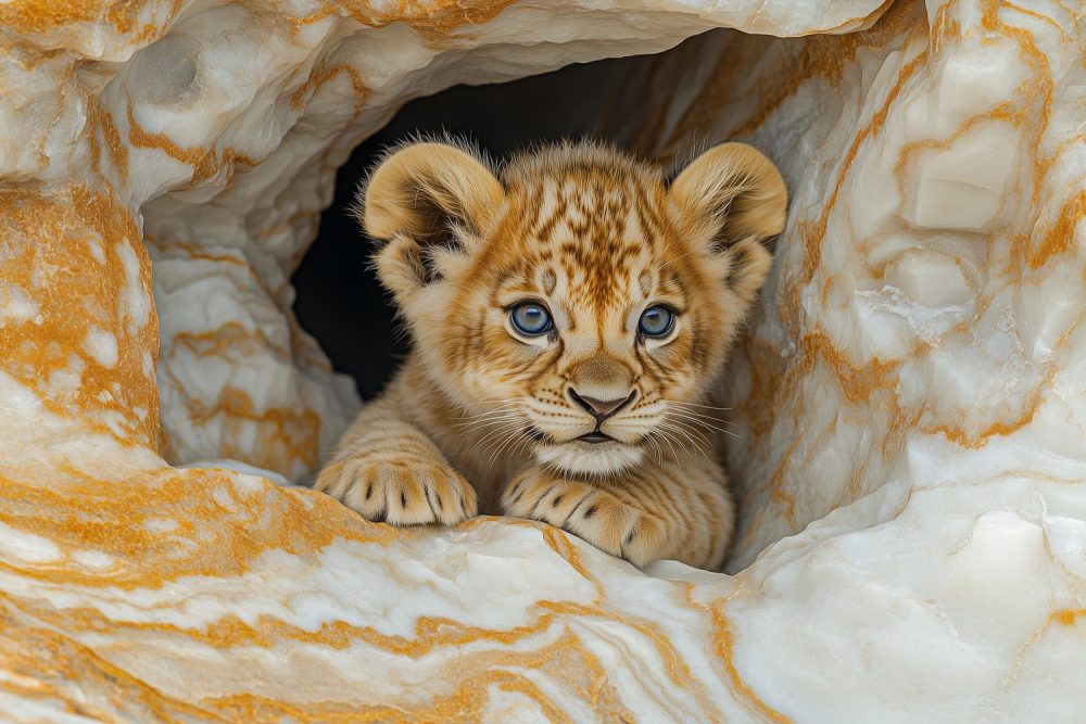 Speelse Leeuwenwelp in Rots behang