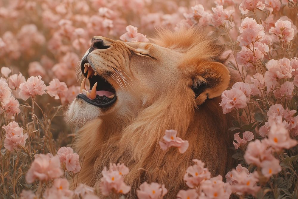 Roze bloemen leeuwensfeer behang