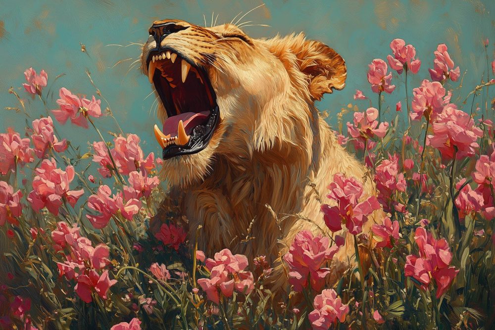 Majestueuze leeuw tussen bloemen behang