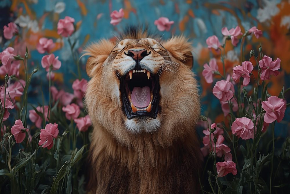 Majestueuze leeuw tussen bloemen behang