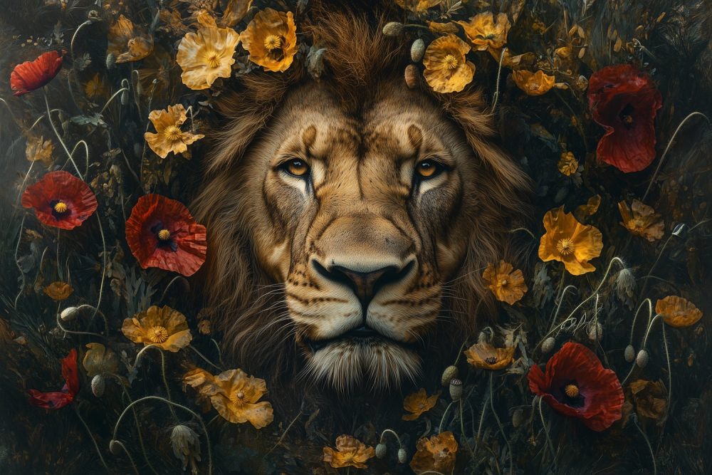 Koningsleeuw in Bloemenpracht behang