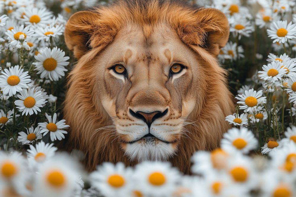 Koninklijke leeuw in bloemenveld behang