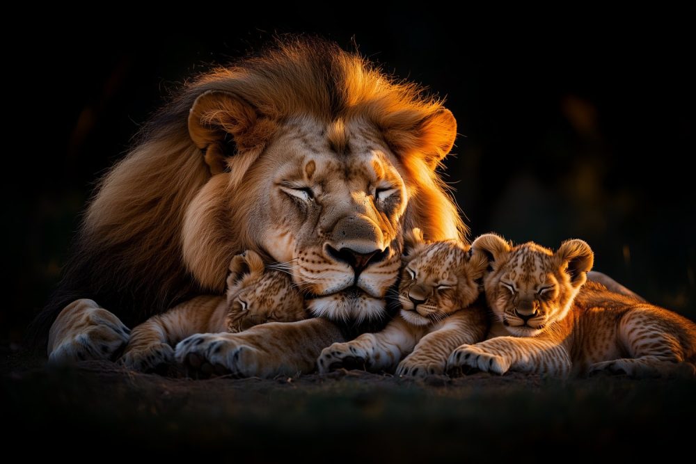 Leeuw met welpen zonsondergang behang