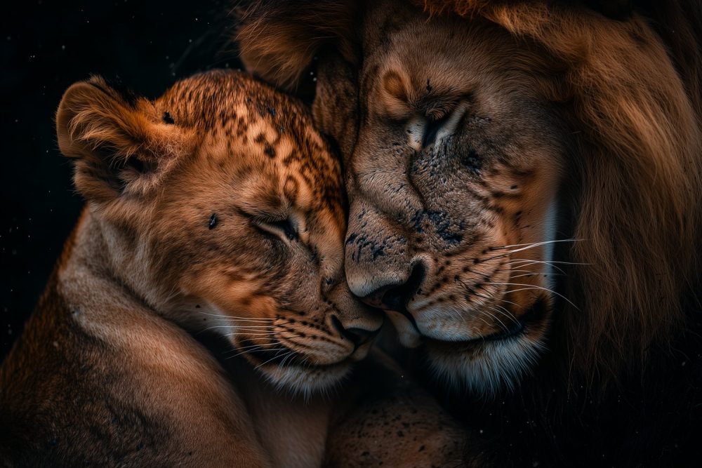 Liefdevolle leeuwenmoeder en welp behang