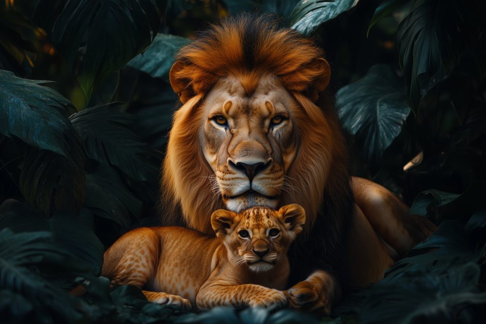Lion en welp in bos behang