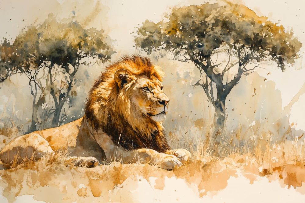 Rustende leeuw in waterverf behang
