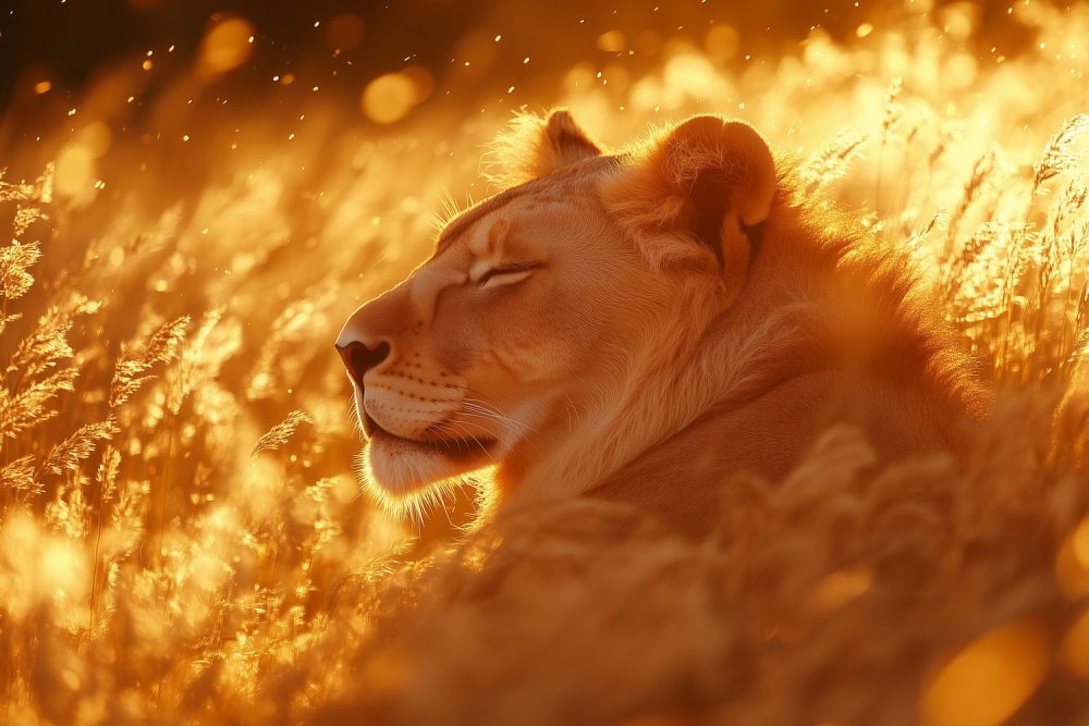 Majestueuze leeuw in gouden licht behang