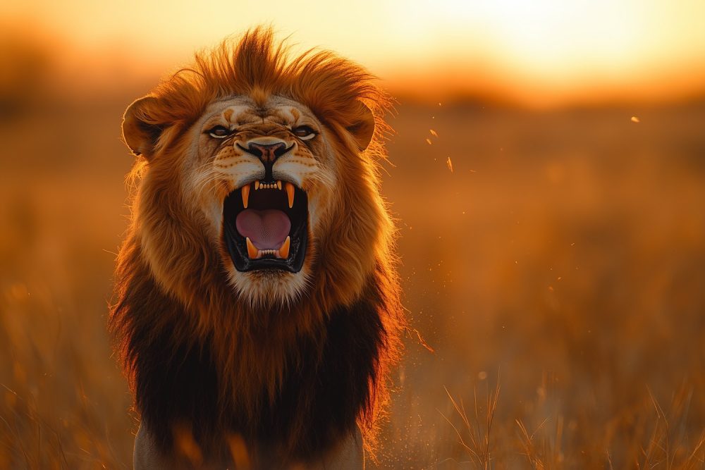 Majestueuze leeuw bij zonsondergang behang