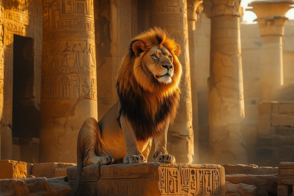 Machtige leeuw bij Egyptische tempel behang