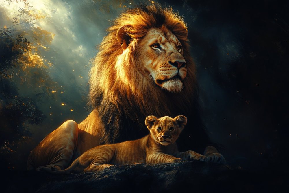 Lion en welp rusten behang