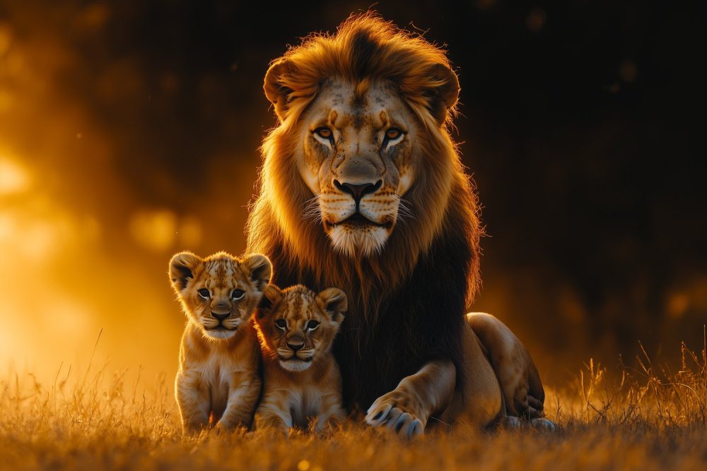 Lionenfamilie in zonsondergang behang
