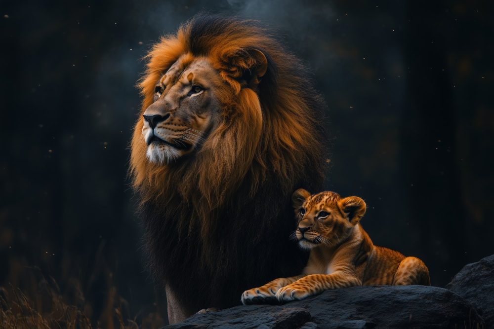 Leeuw en welp in bos behang