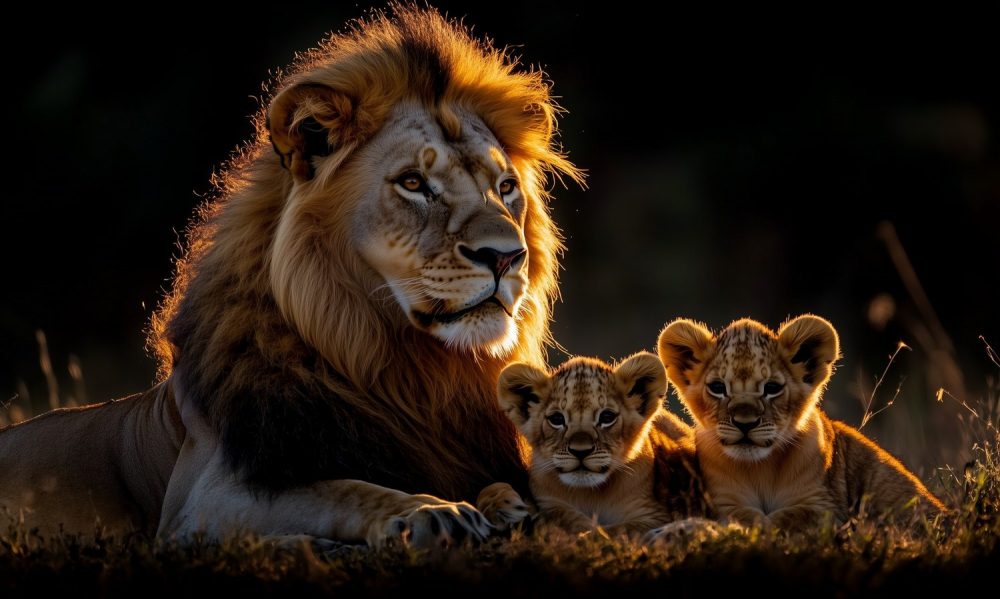 Lionenfamilie in gouden licht behang