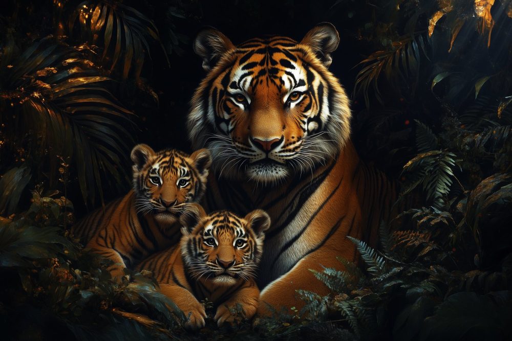 Moeder Tijger Beschermt Welpen behang