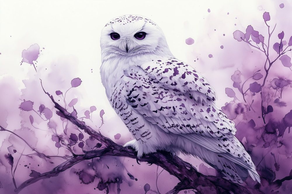 Witte uil tussen paarse bloemen behang