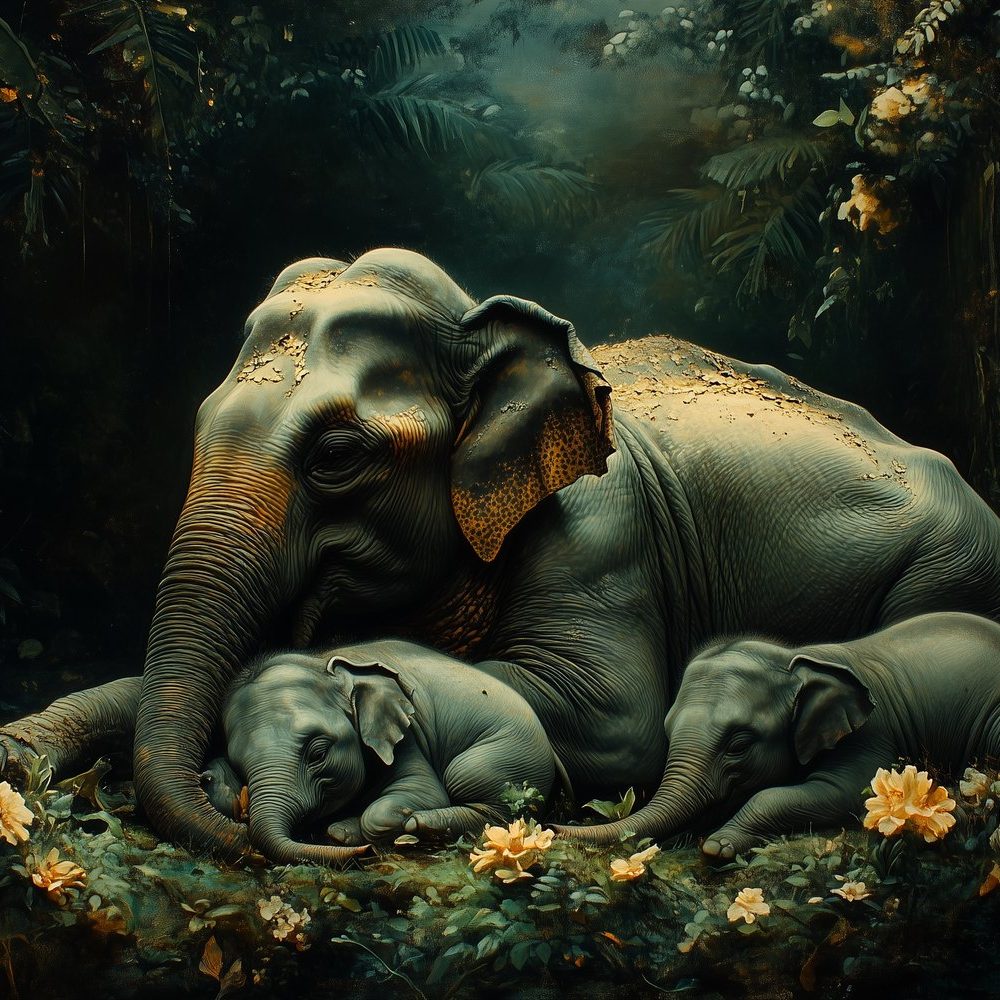 Familie-olifanten in bos behang