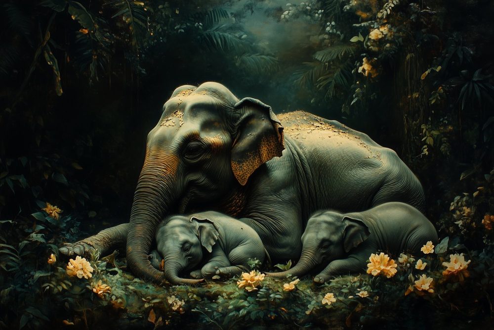 Familie-olifanten in bos behang