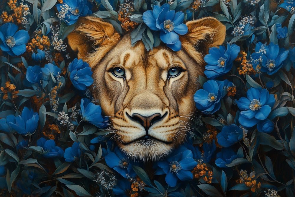 Koningsleeuw tussen blauwe bloemen behang