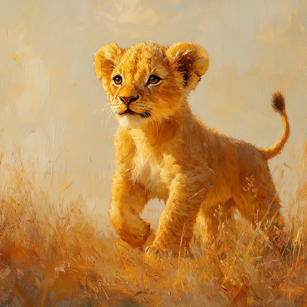 Jonge leeuwenwelp in gras behang