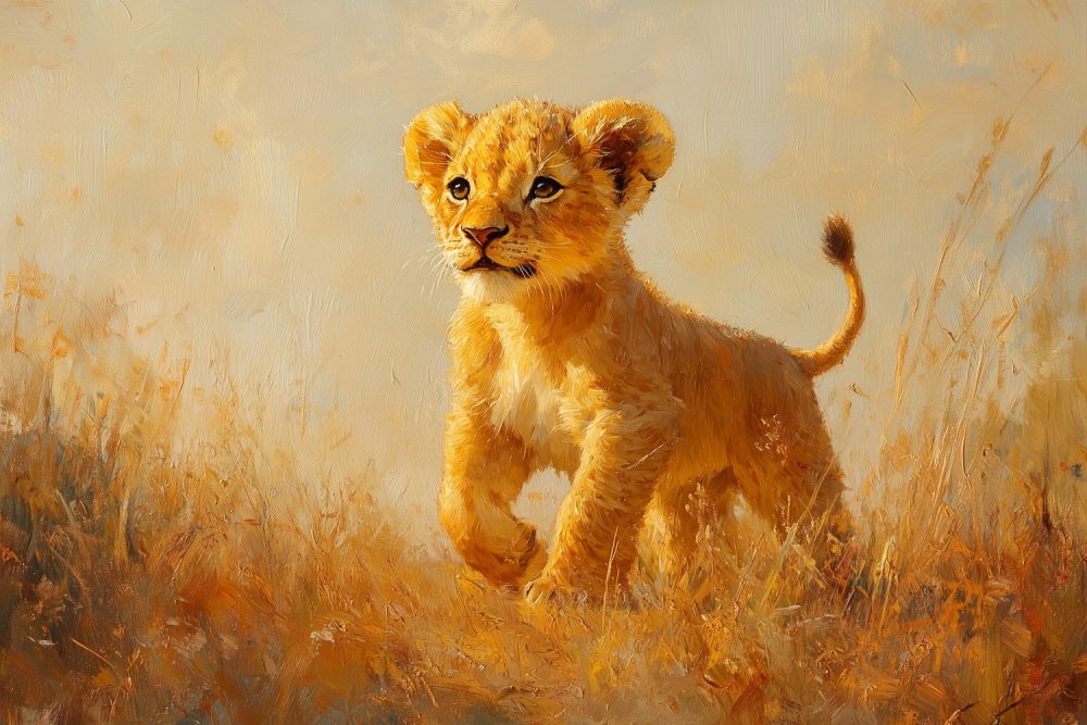 Jonge leeuwenwelp in gras behang