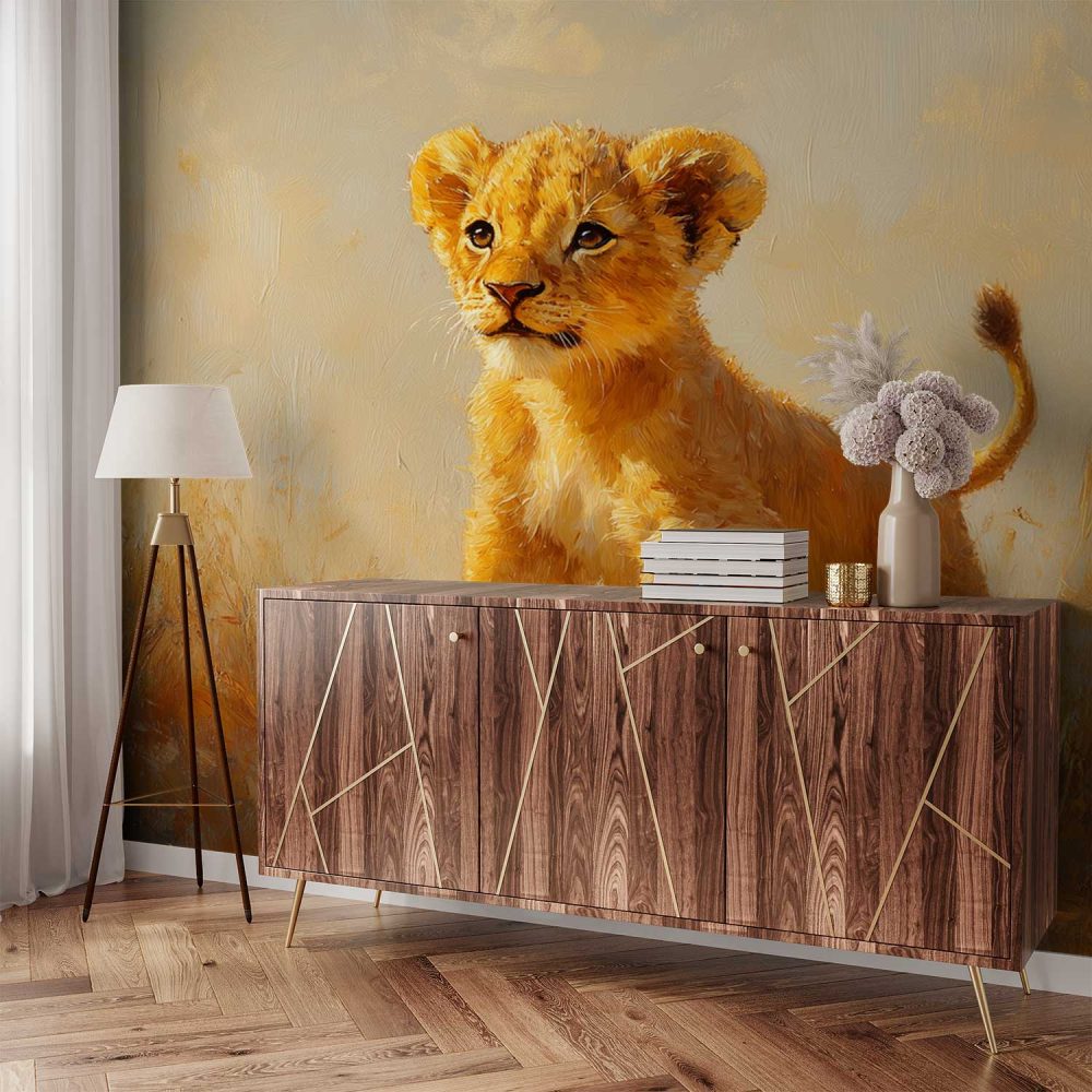 Alternative view of Jonge leeuwenwelp in gras behang