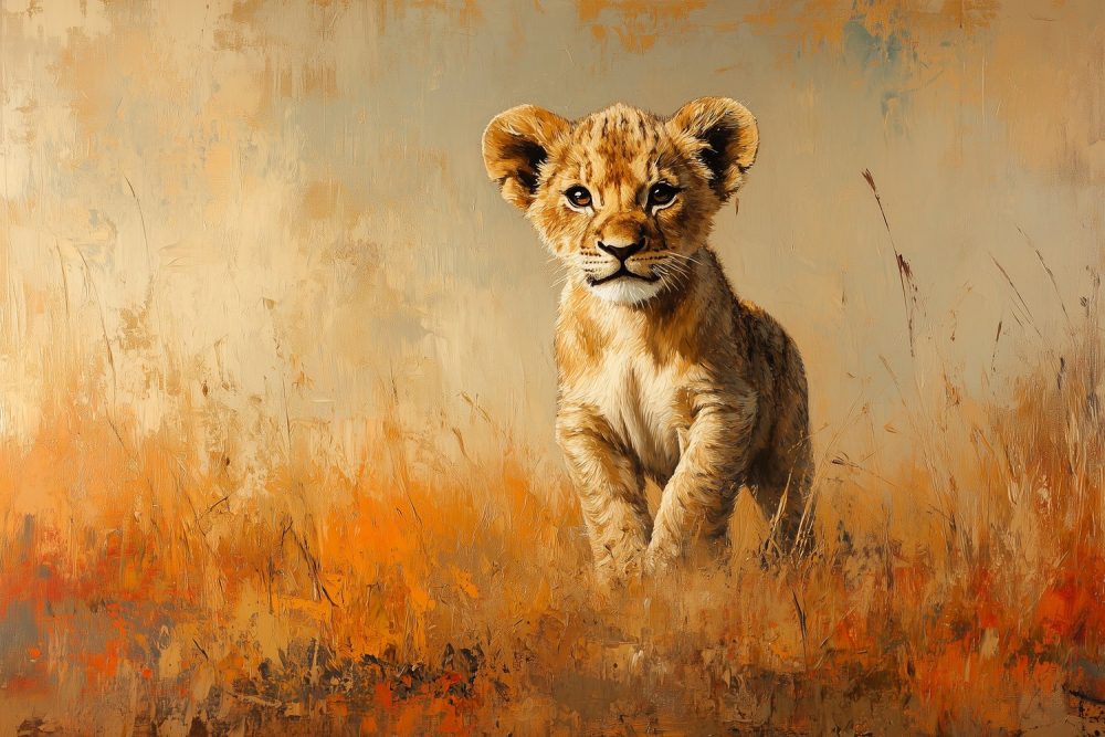 Jonge leeuwenwelp in gras behang