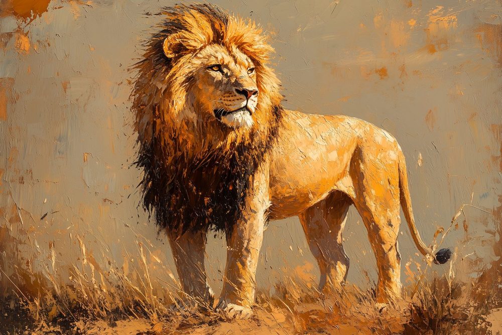 Majestueuze leeuw in grasveld behang