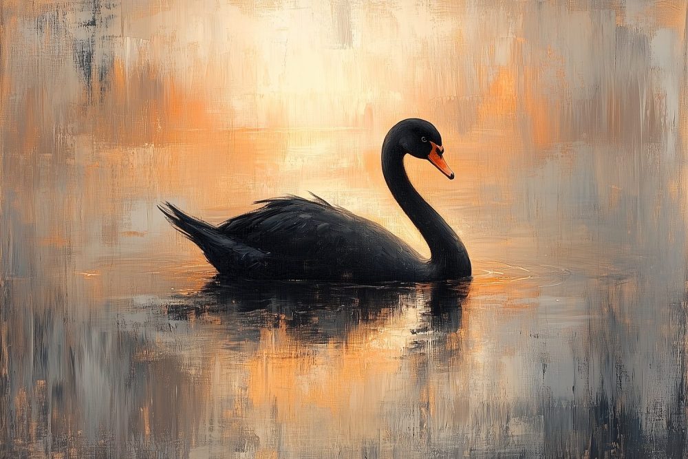 Zwarte zwaan in oranje water behang