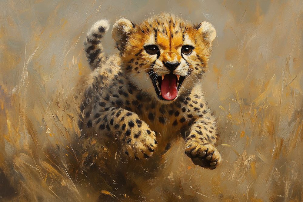 Springende Jachtluipaard in Gras behang