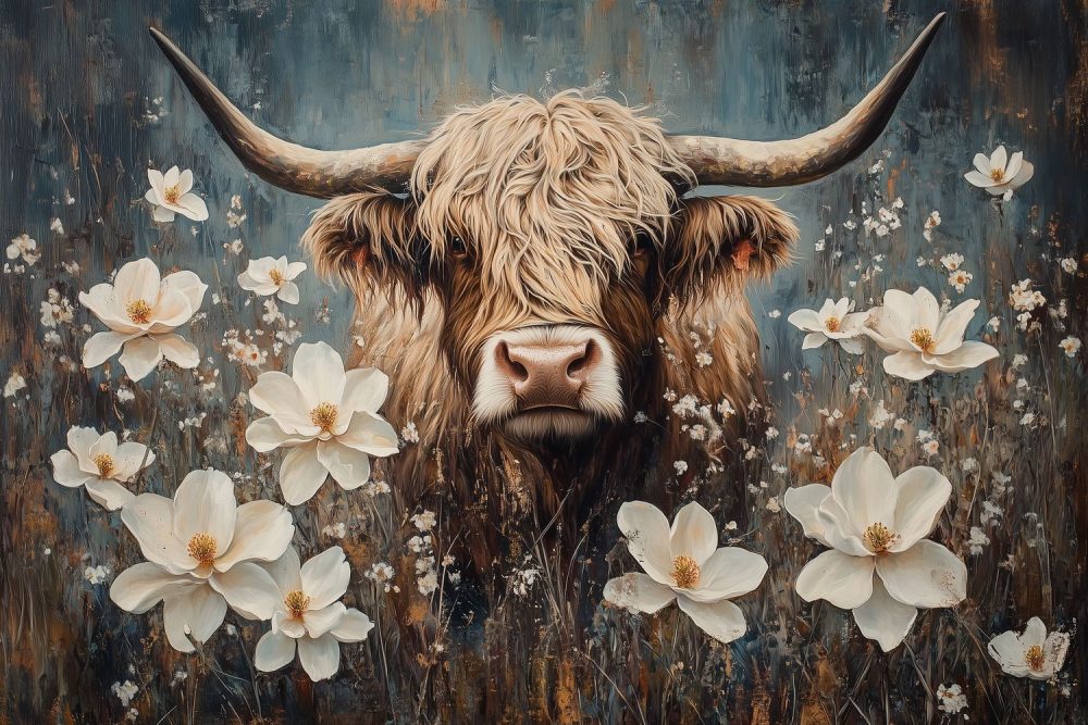 Rustige stier tussen bloemen behang