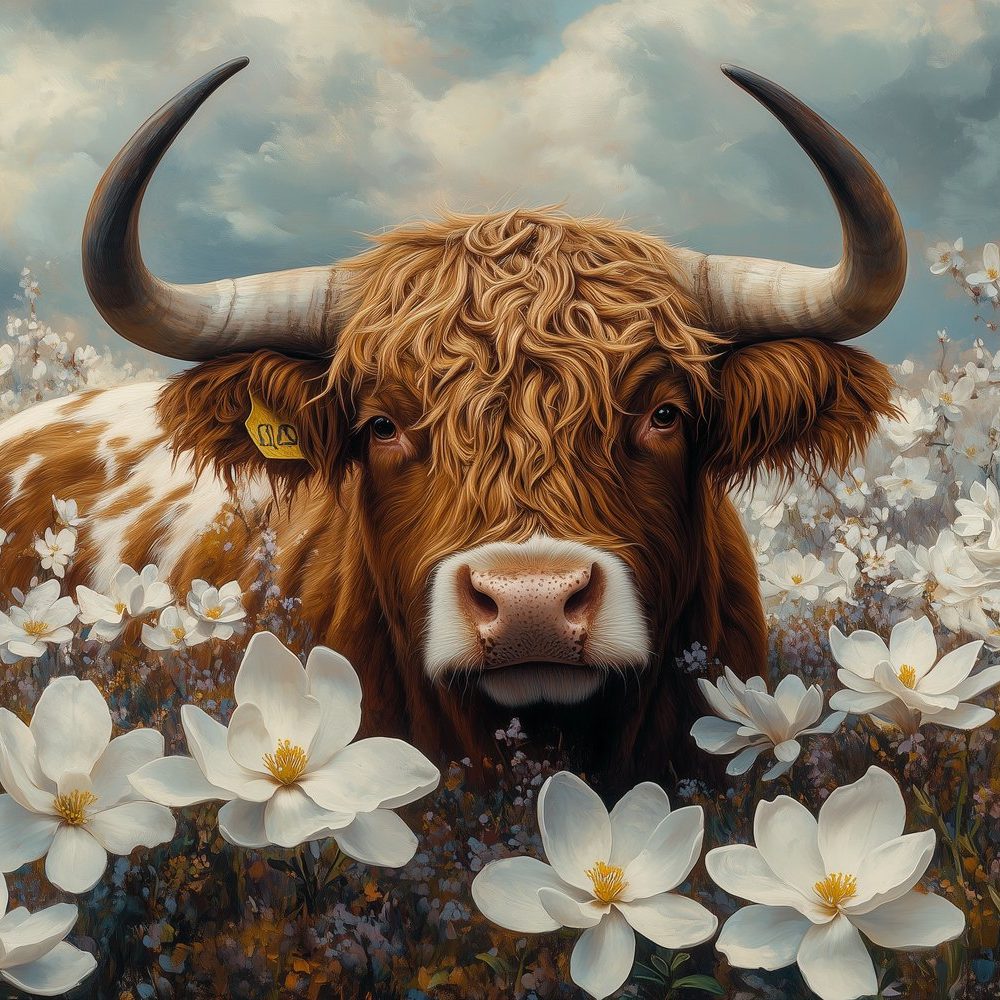 Gekroonde koe in bloemenweide behang